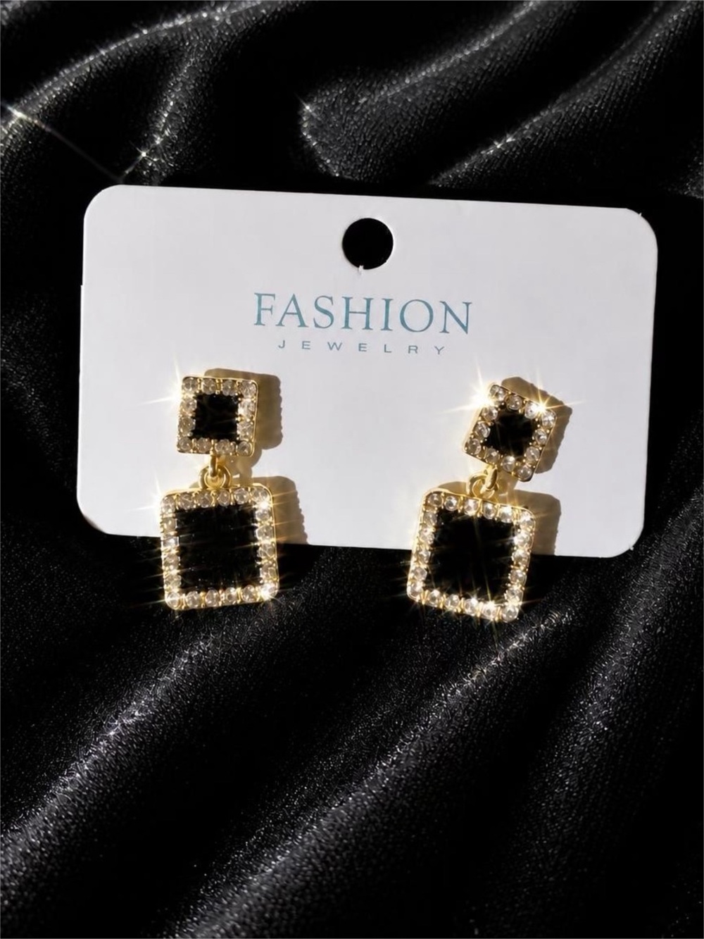 Fashion Jewelry Gold & Black Square Drop Earrings with Clear Rhinestones